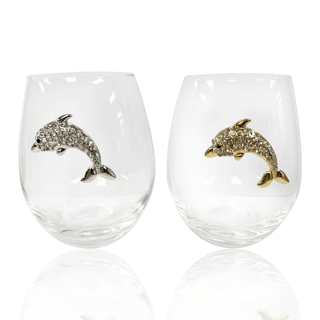 Jeweled Dolphin Stemless Wine Glasses