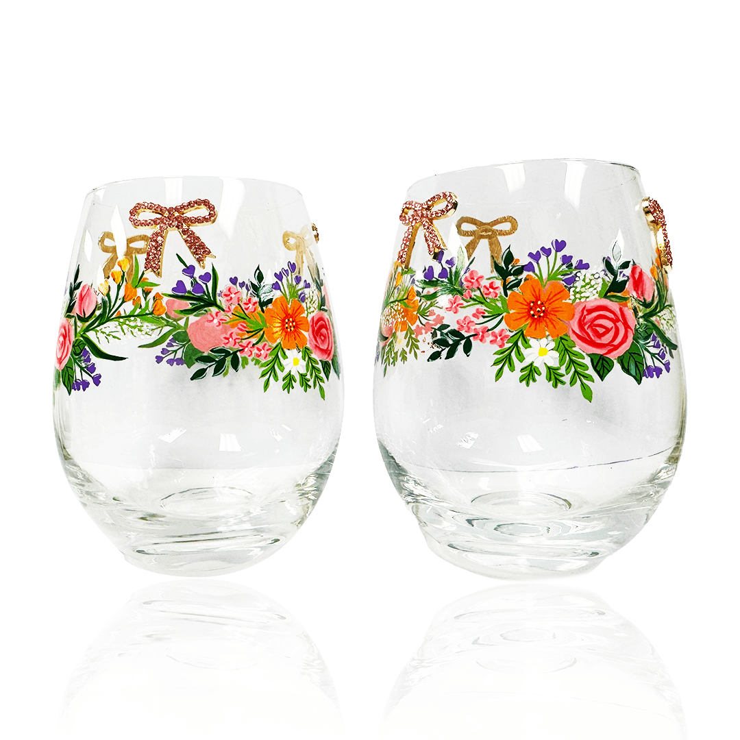 Floral & Bowtie Stemless Wine Glasses
