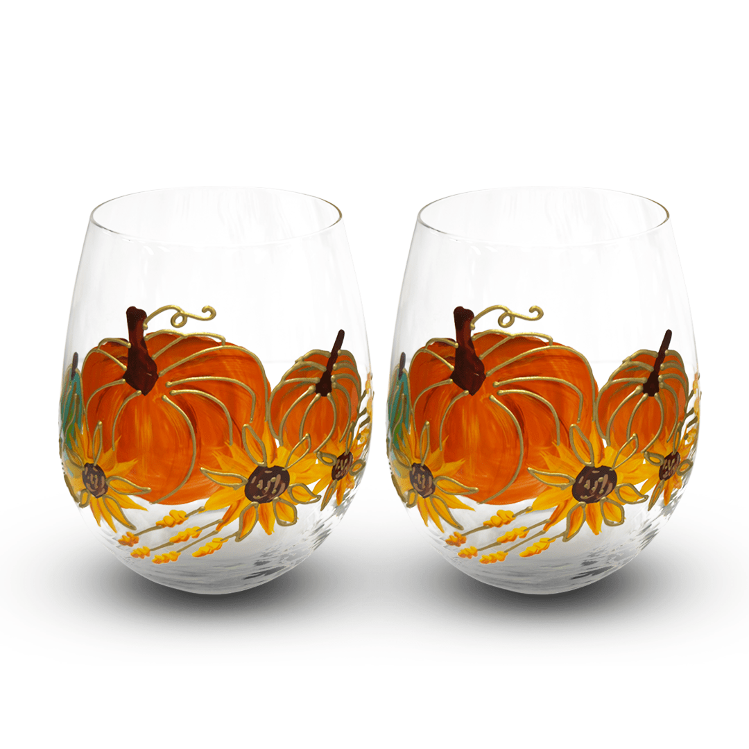 Painted Pumpkin Stemless Wine Glasses