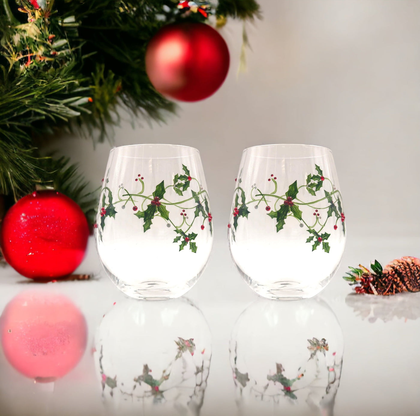 Christmas Wine Glasses (Set of 2) | Hand-Painted Wine Glasses | Winter Holiday Stemless Wine Glasses