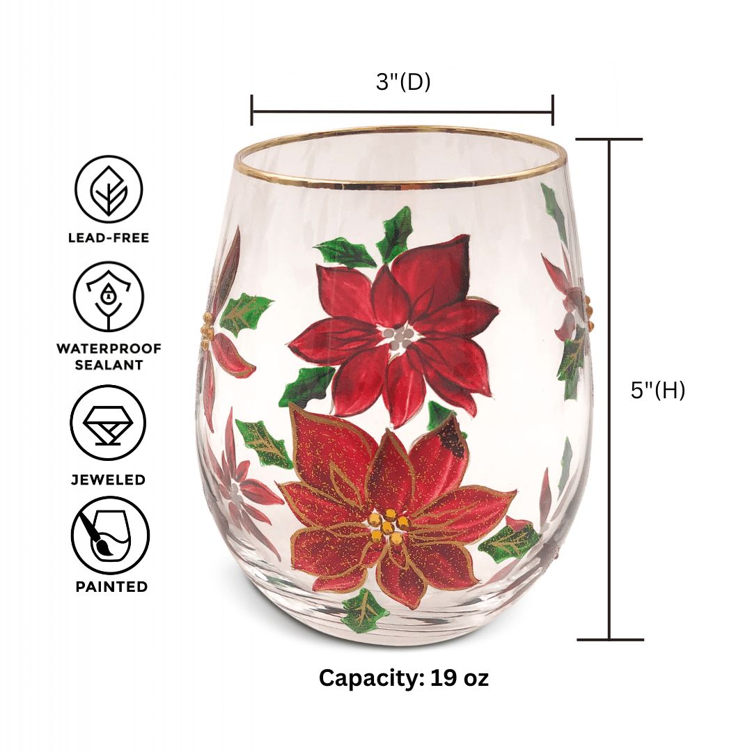 Painted Poinsettia Stemless Wine Glasses