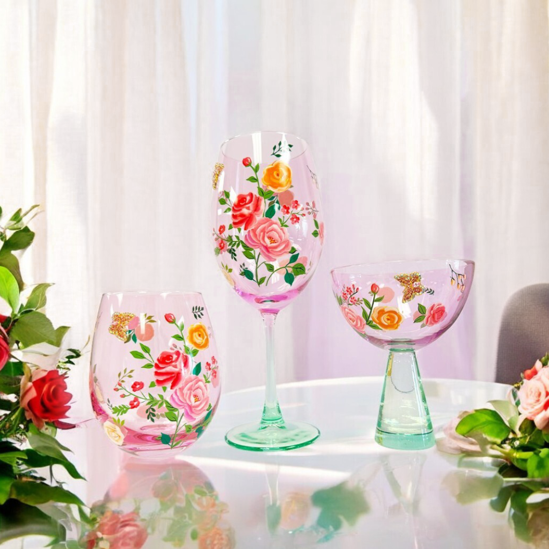 Pink Floral & Jeweled Butterfly Coupe Glass