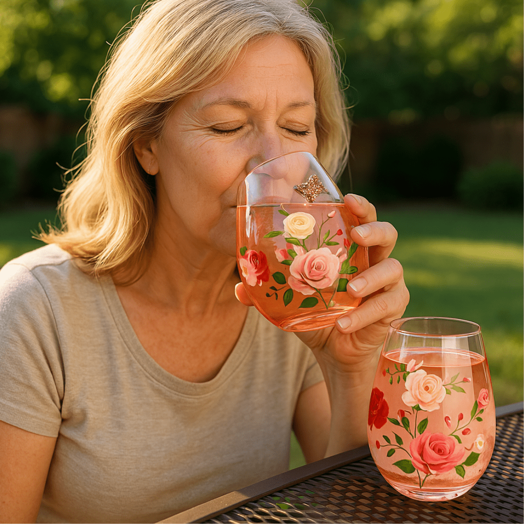 Pink Floral & Jeweled Butterfly Stemless Wine Glasses