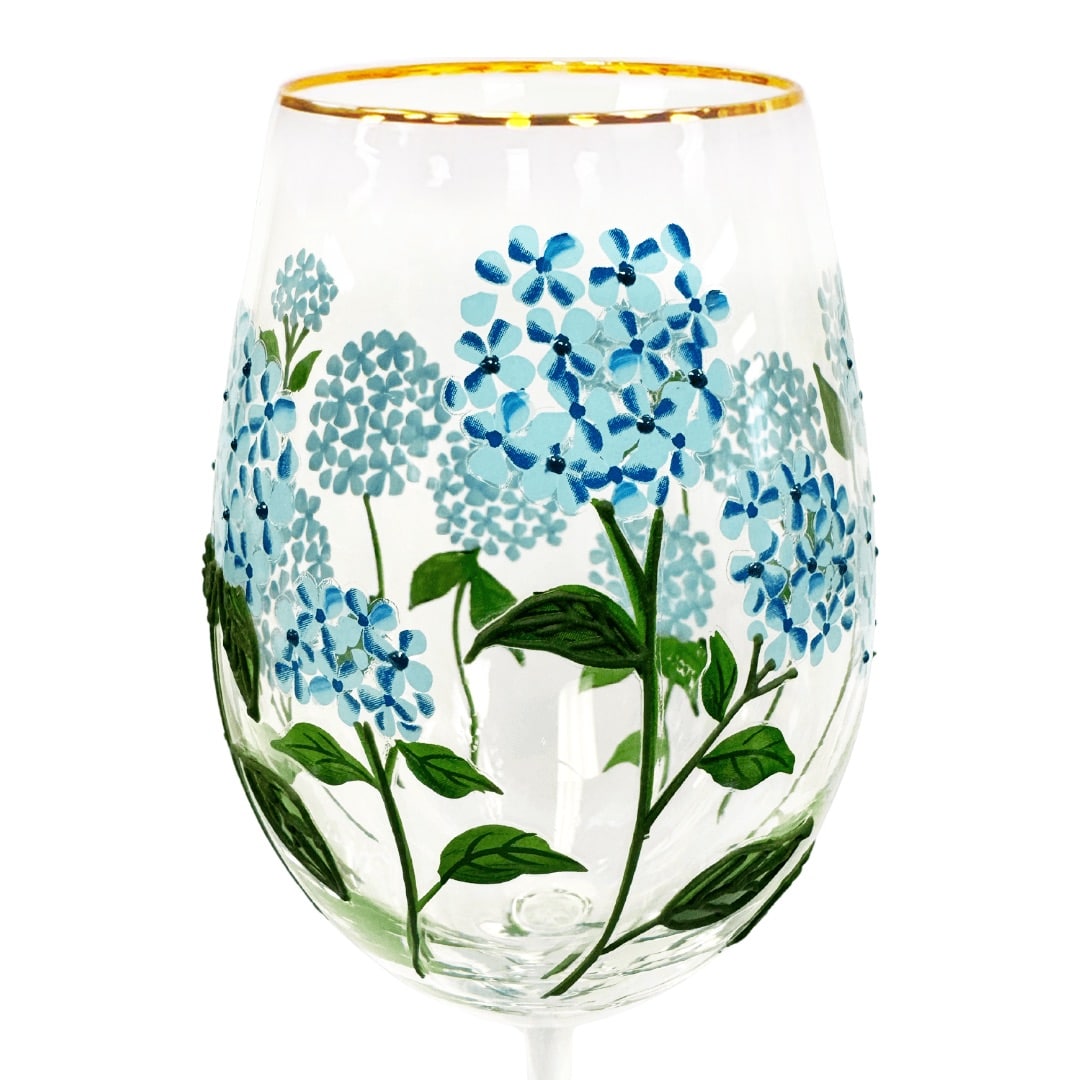 Painted Blue Hydrangea Wine Glass