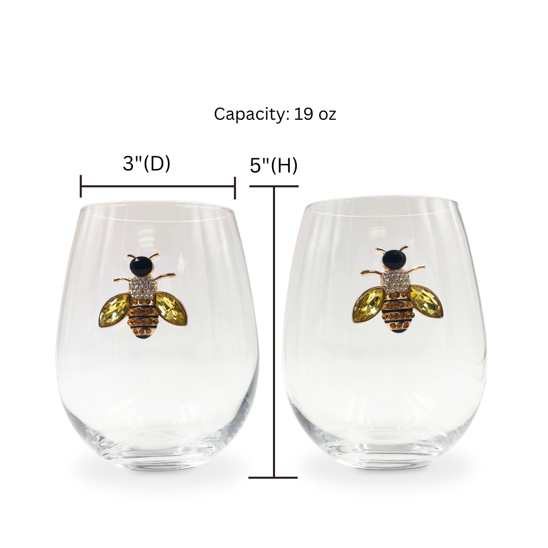 bee stemless wine glasses, bee glasses, bee wine glasses, bee glass, bee wine glass, bedazzled wine glasses