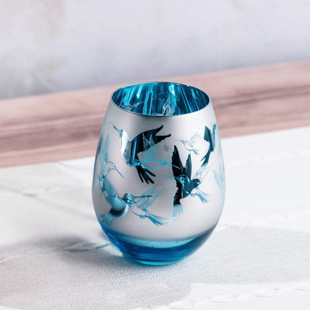 Blue Hummingbird Stemless Wine Glasses