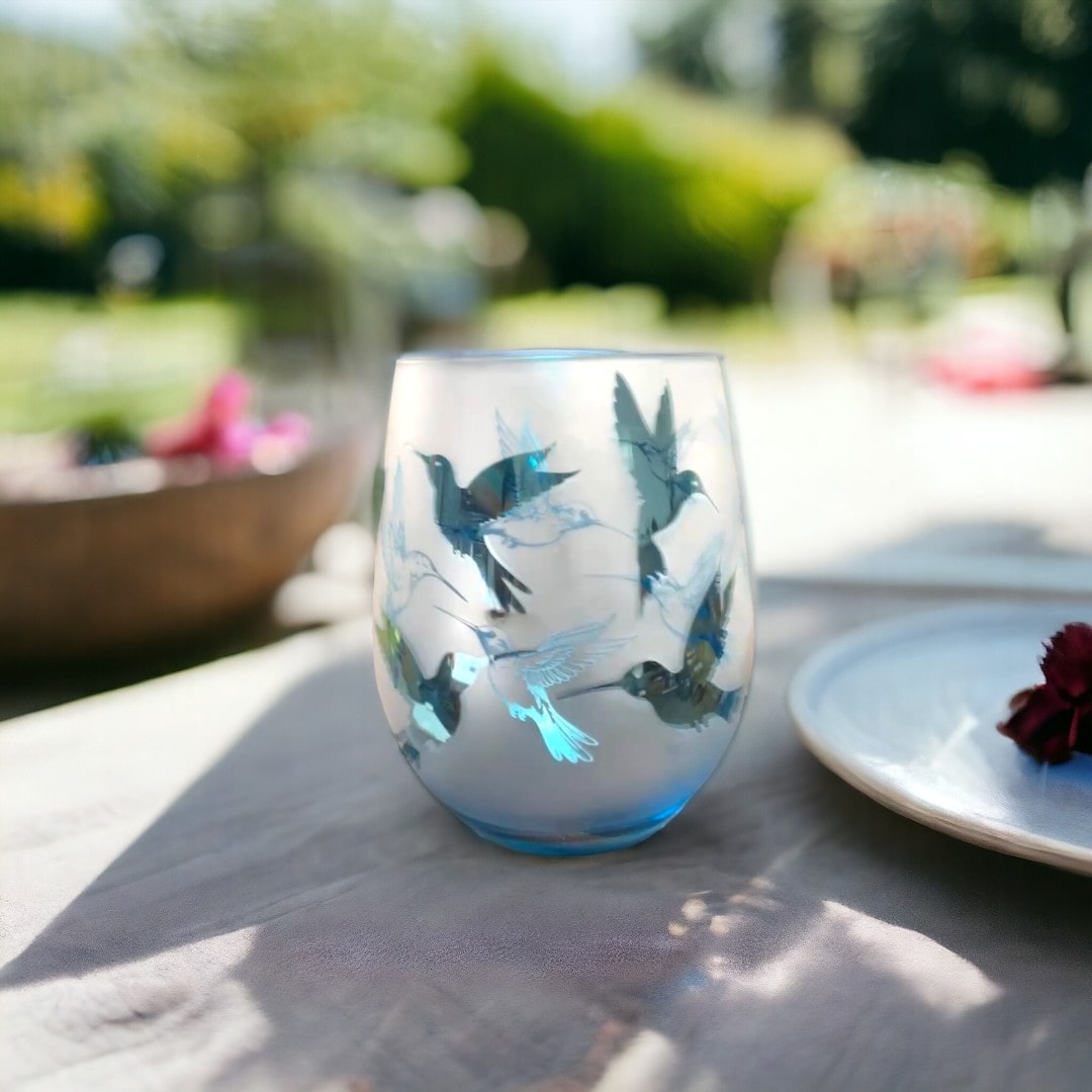 Blue Hummingbird Stemless Wine Glasses