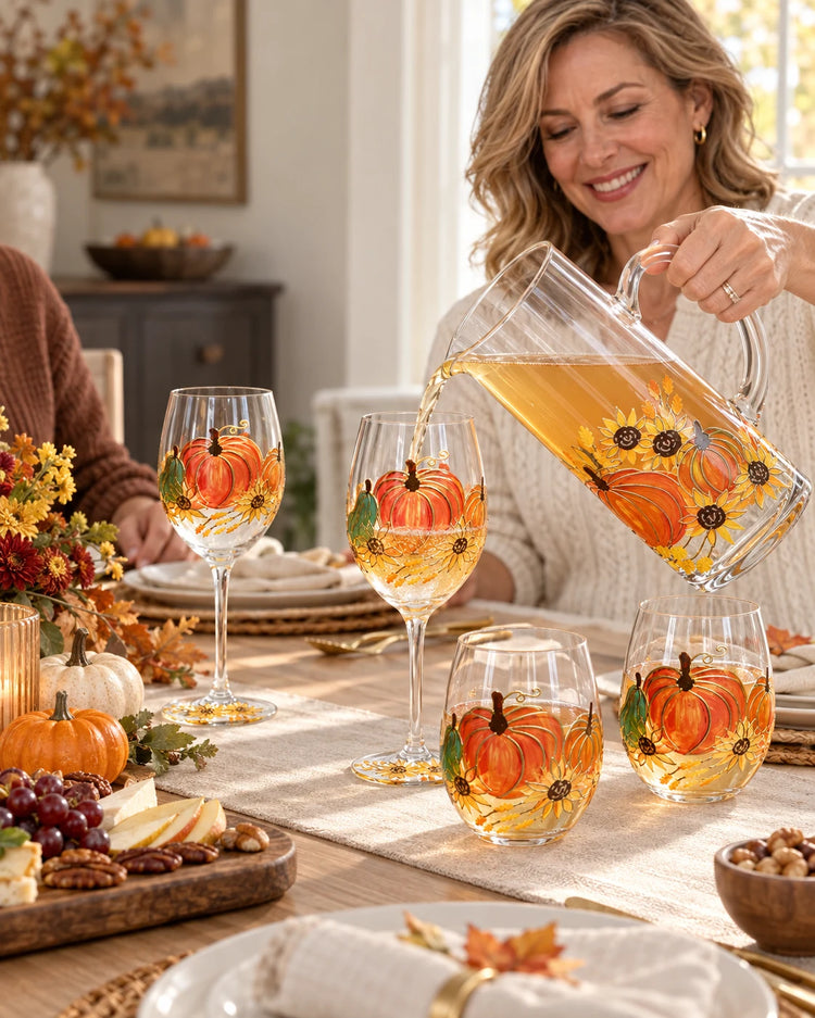 Guests gathering around the painted pumpkin collection, pouring from the pitcher into a wine glass