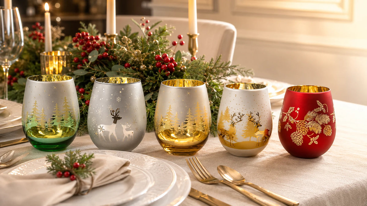 Five frosted winter stemless glass designs on a bright holiday table