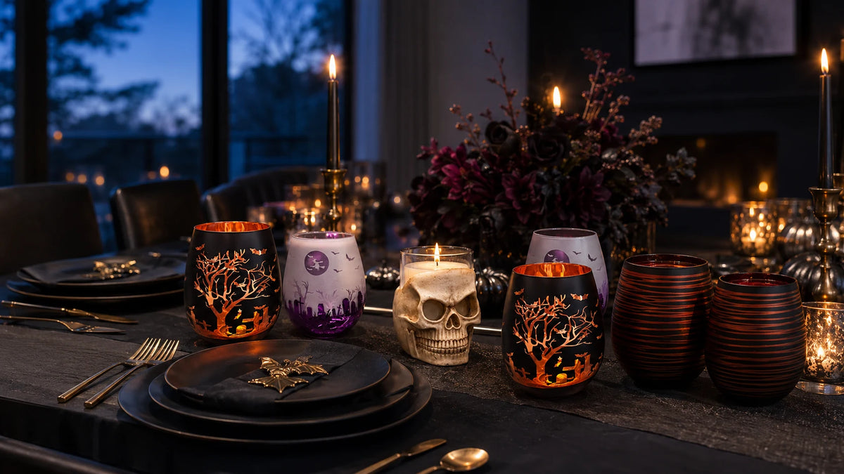 Halloween glassware collection on a candlelit dining table