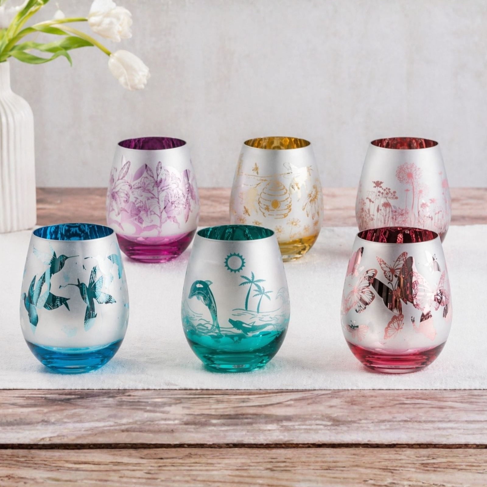 Purple Lillies Stemless Wine Glasses