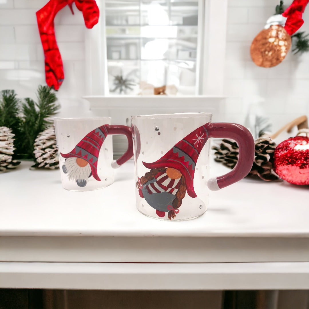 Christmas Coffee Mug (Set of 2) | Painted Gnome Glass Coffee Mug Designs | Gnome Mug | Coffee Bar Decor | Winter Gnome | Espresso Cups |