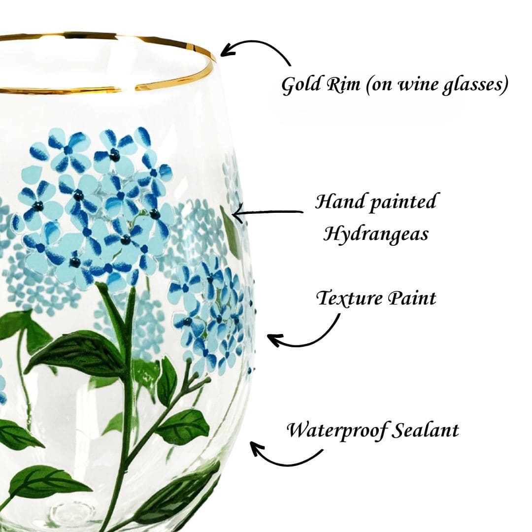 Painted Blue Hydrangea Stemless Wine Glasses
