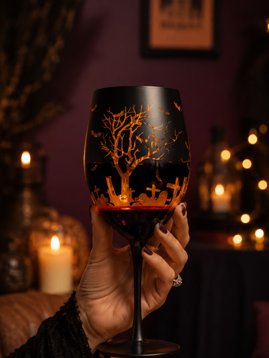 Hand holding a matte black Halloween goblet, the electroplated orange interior glowing by candlelight
