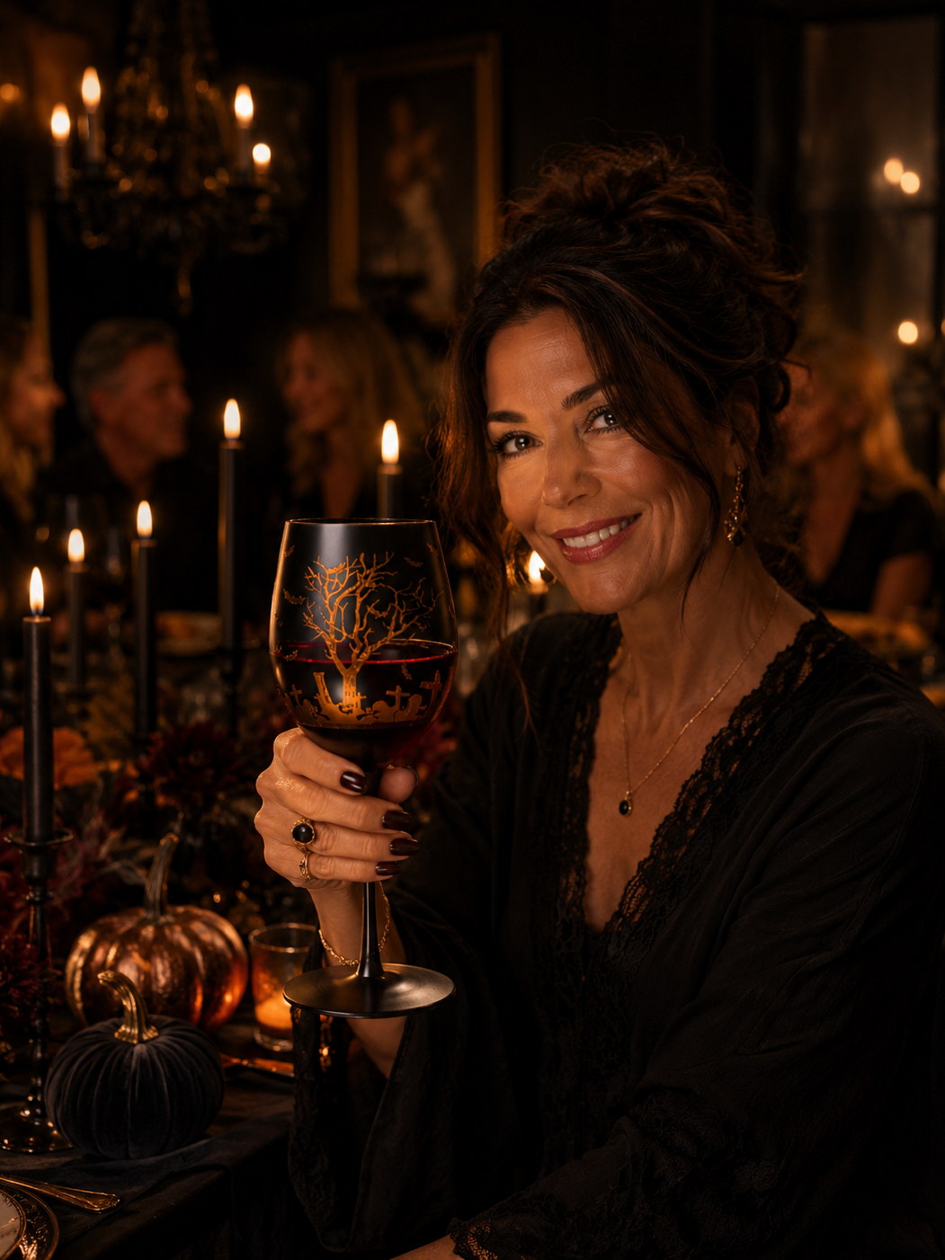 Host holding a Halloween goblet at a candlelit Halloween table