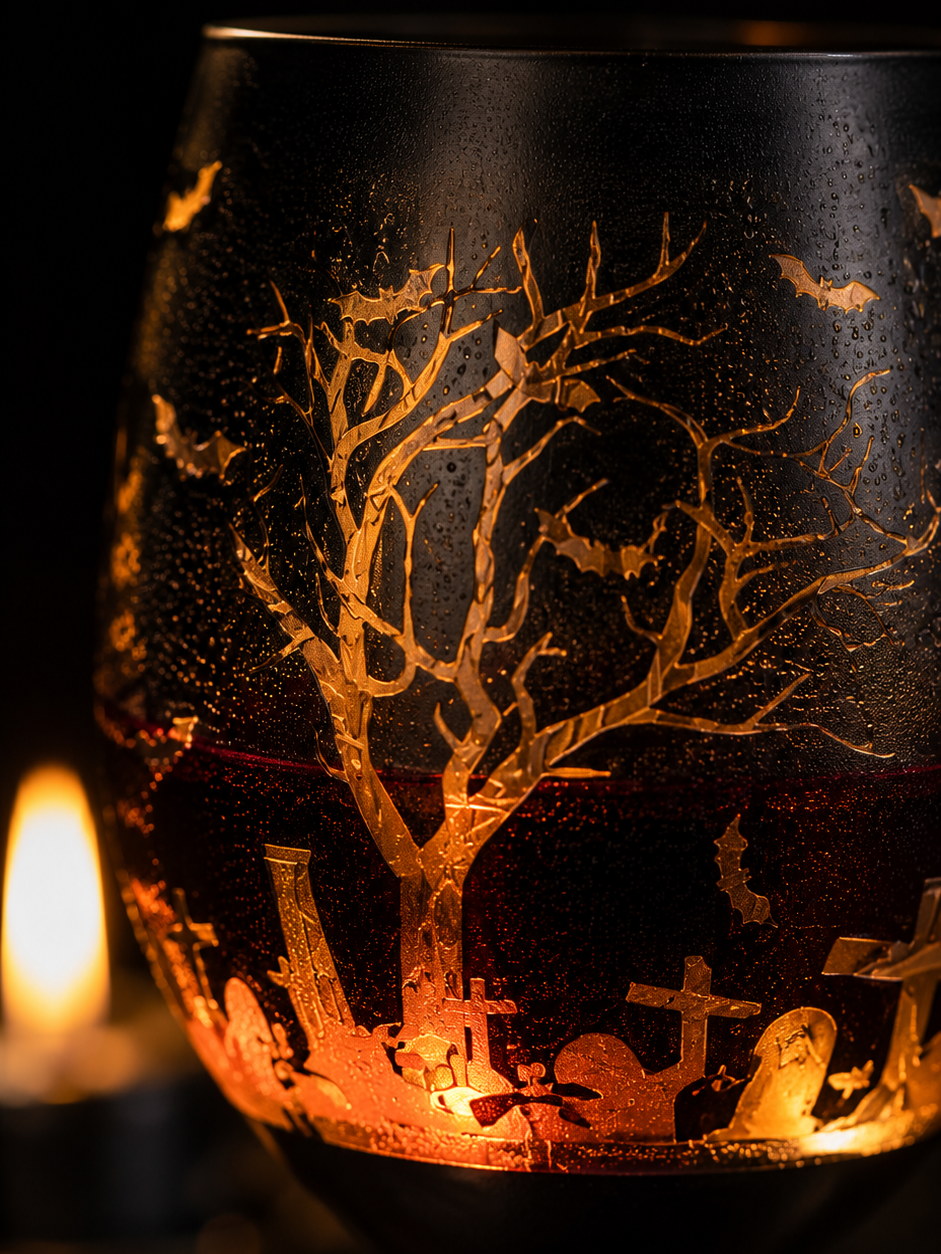Macro of the etched graveyard tree cut through matte black glass to an electroplated orange interior