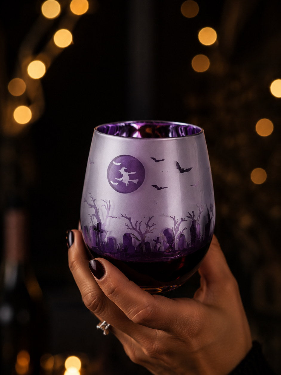 Hand holding a Purple Halloween stemless glass with a witch and moon design