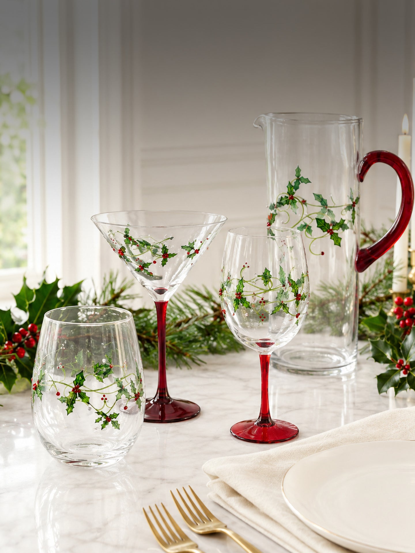 Christmas Holly pitcher, wine glass, martini glass and stemless tumbler on a holiday table setting