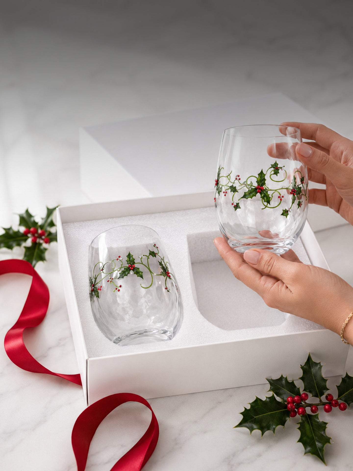 Christmas Holly stemless glasses in a white gift box with protective white foam