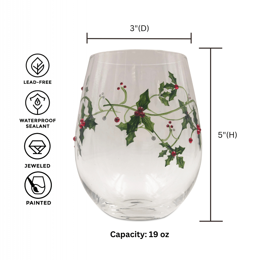 Christmas Holly Stemless Wine Glasses