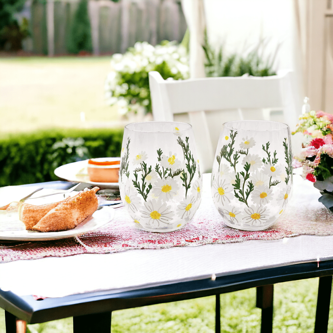 Daisy Painted Stemless Wine Glasses