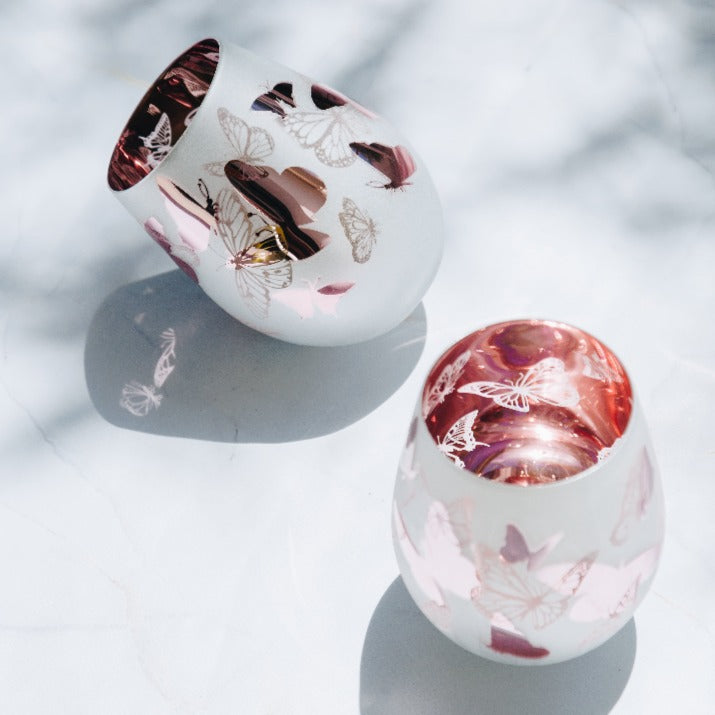 Pink Butterfly Stemless Wine Glasses