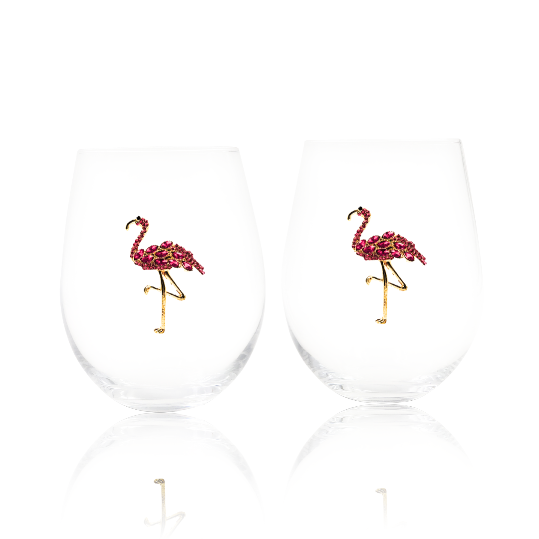 Jeweled Flamingo Stemless Wine Glasses