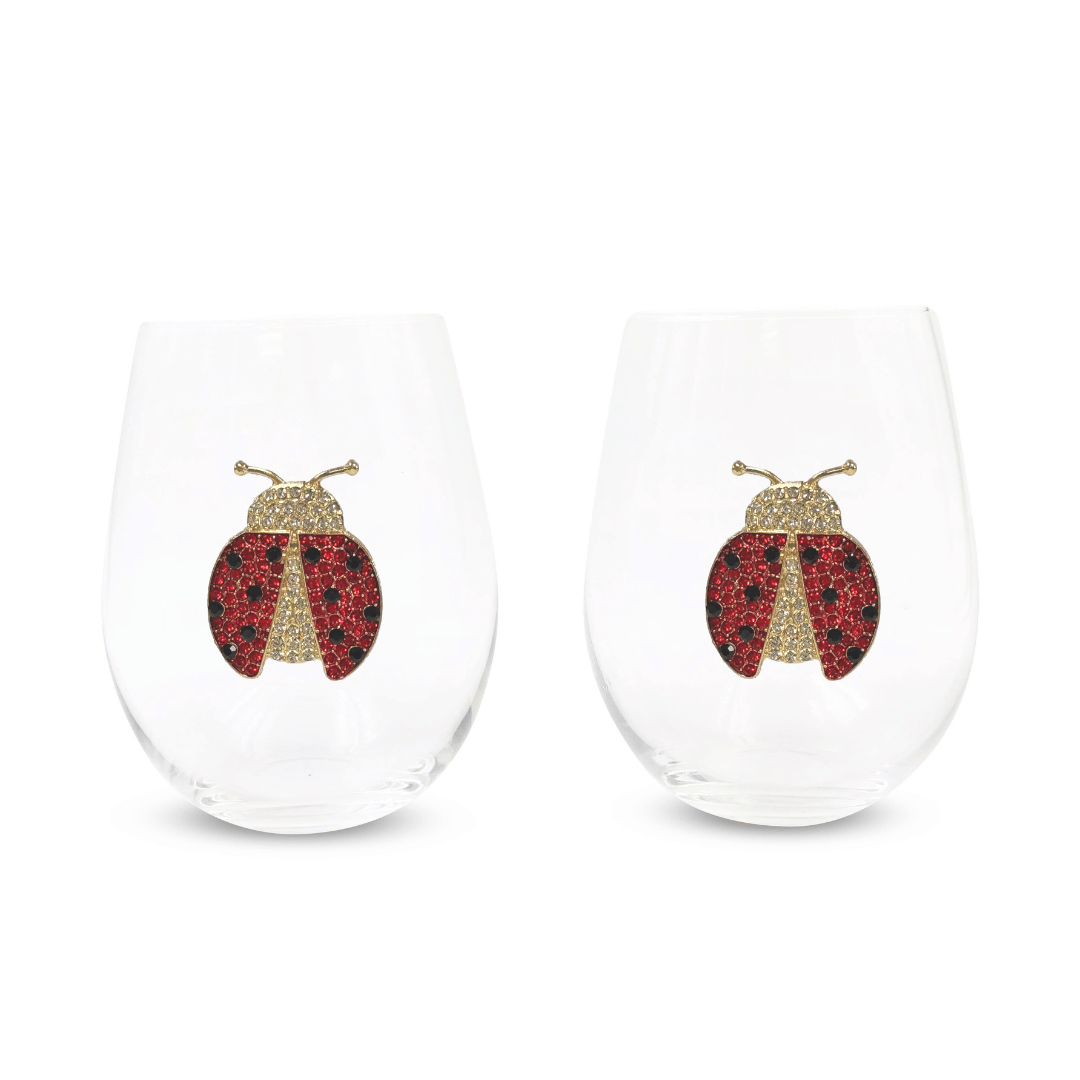 Jeweled Lady Bug Stemless Wine Glasses