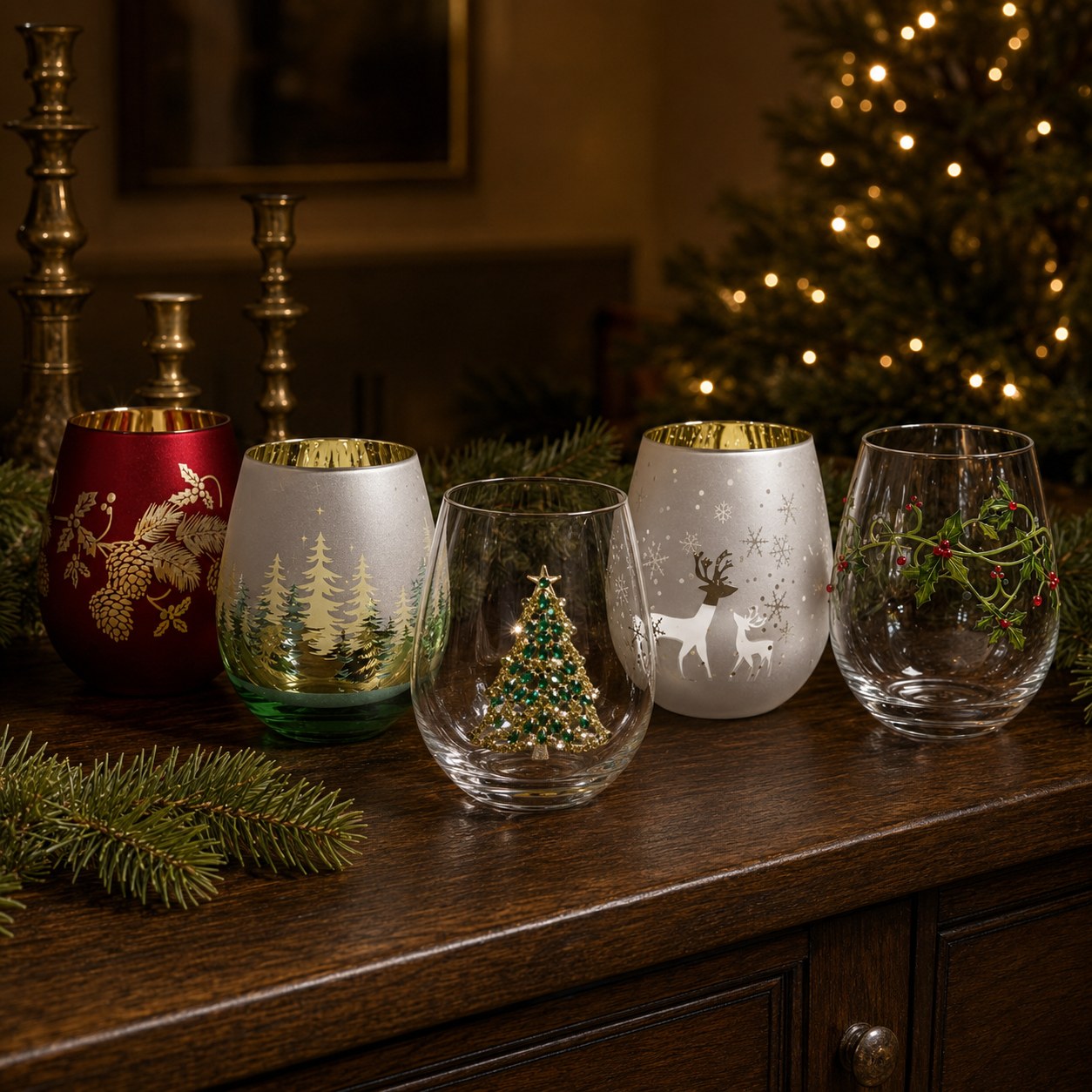 Five DRNKART Christmas stemless wine glasses on a walnut sideboard with the Bedazzled Christmas Tree glass front and centre