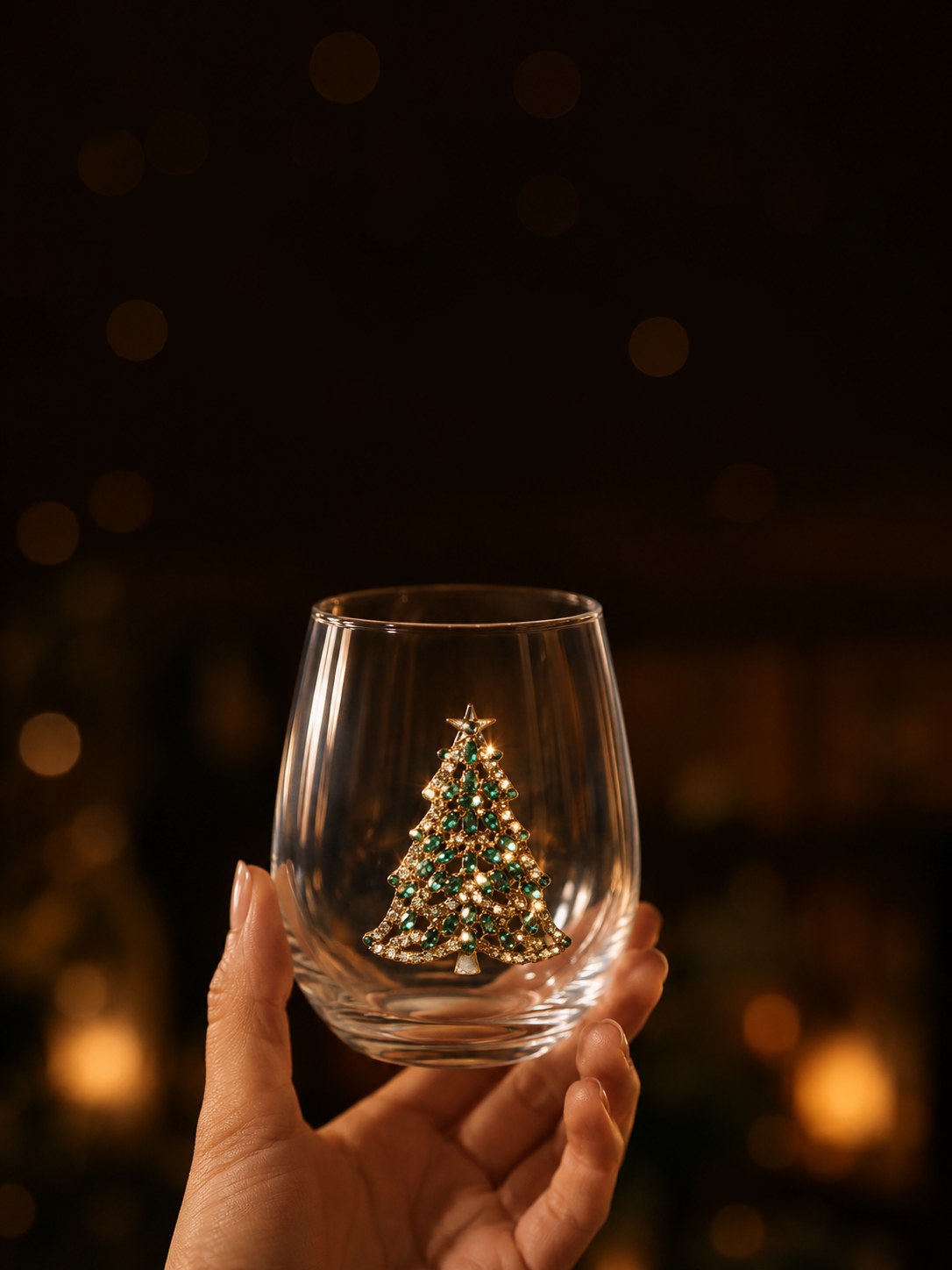 Hand lifting a Bedazzled Christmas Tree stemless wine glass, rhinestones catching the light at a holiday gathering