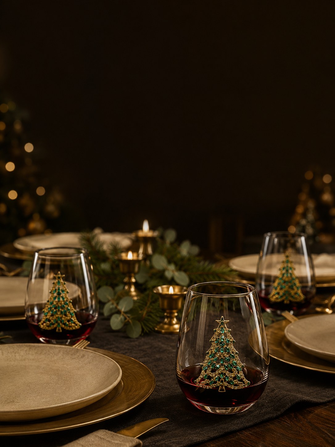 Christmas dinner table set with Bedazzled Christmas Tree stemless wine glasses, candlelight and pine