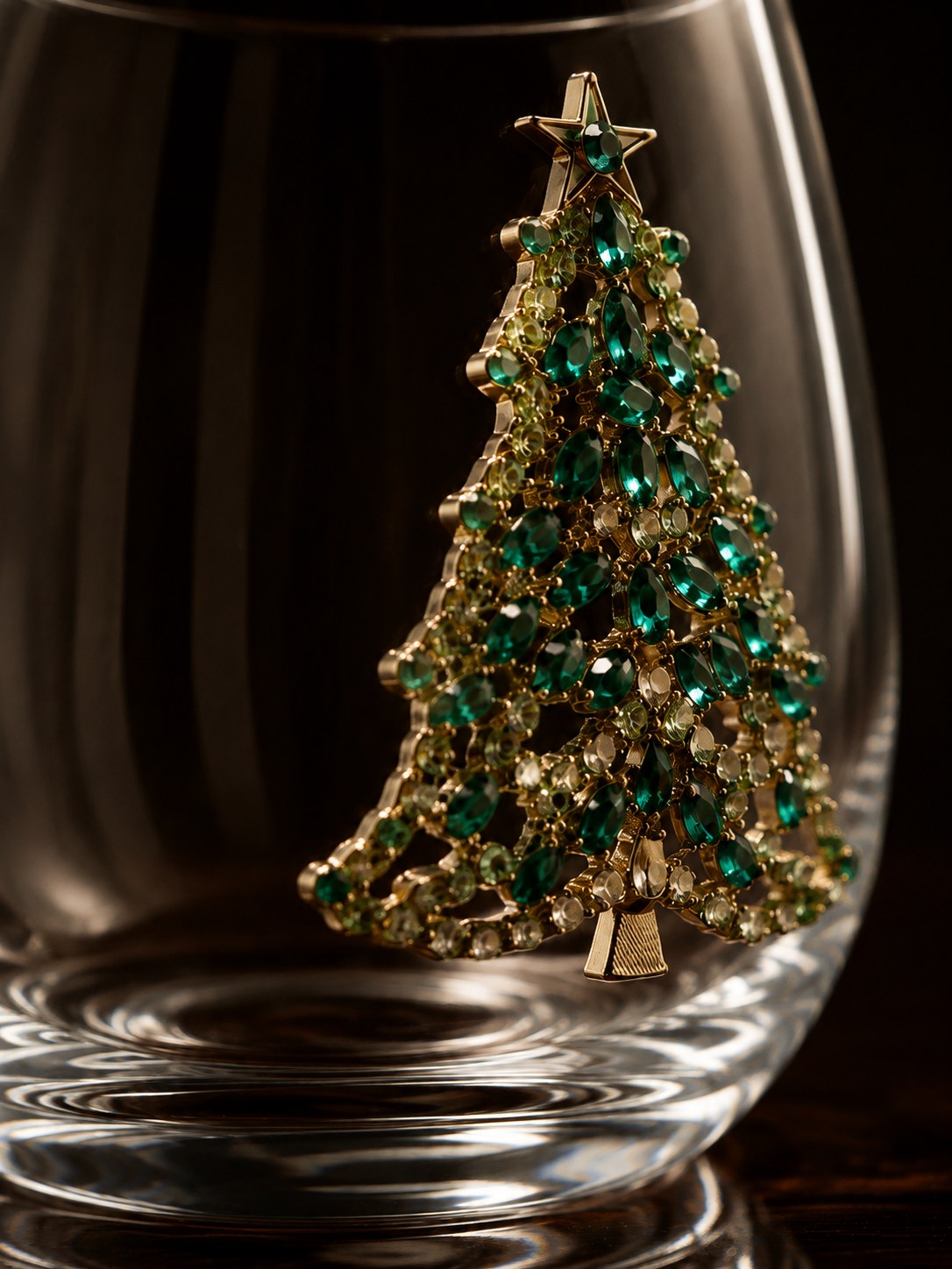 Tight macro of the jeweled Christmas tree on the Bedazzled stemless wine glass, green and gold rhinestones set in relief above the weighted crystal base
