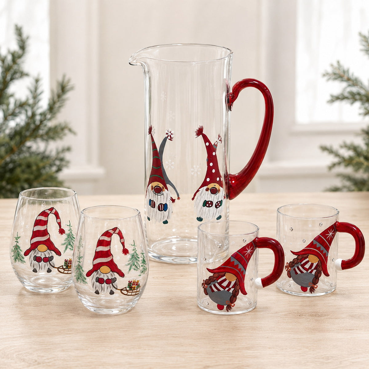 The hand-painted Christmas gnome collection - pitcher, stemless wine glasses and glass mugs on a sunlit oak table