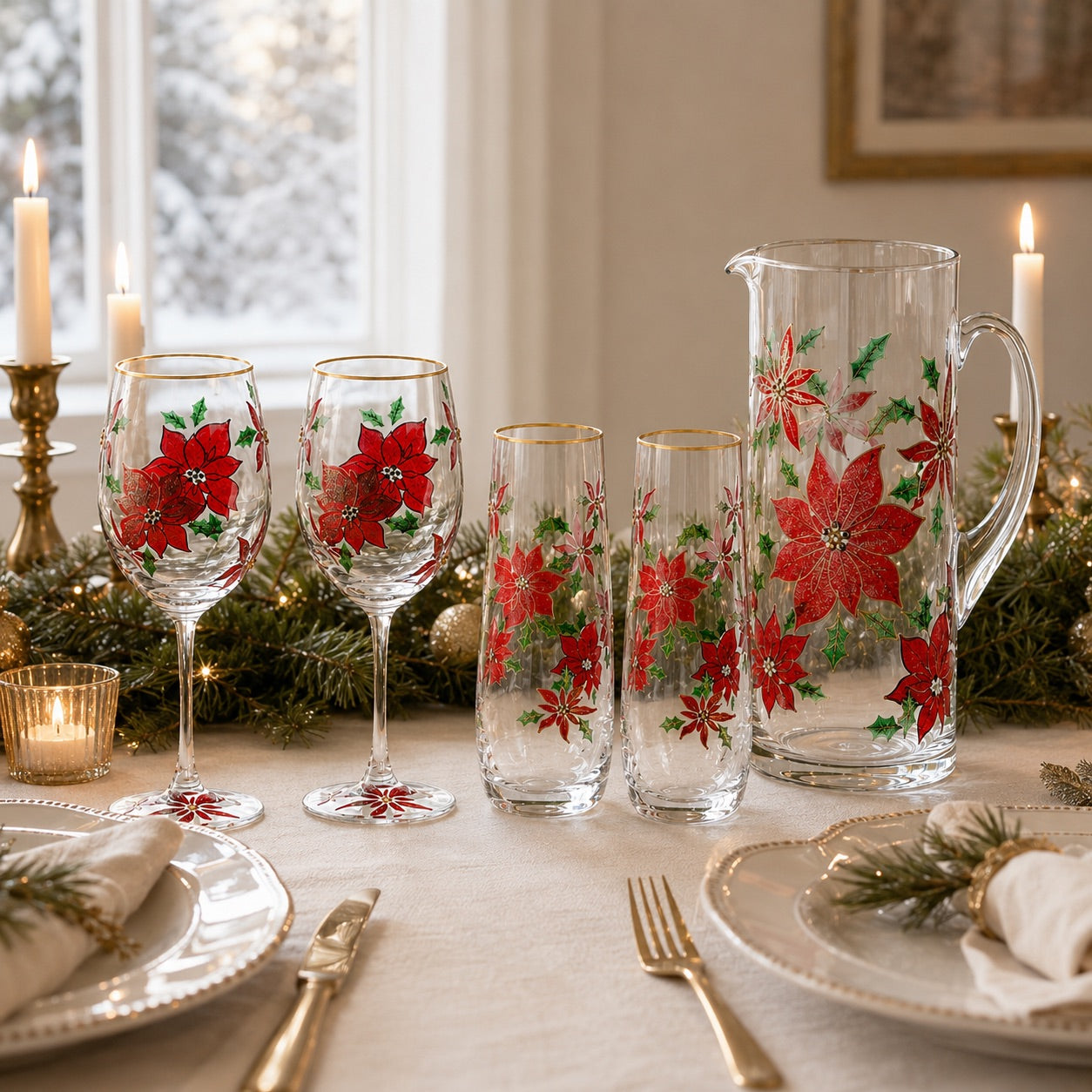 Painted Poinsettia glassware collection on a candlelit holiday table — wine glasses, flutes and pitcher