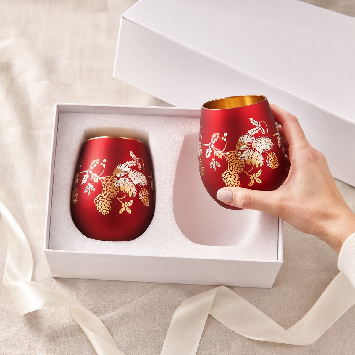 Red Pine Cone Stemless Wine Glasses