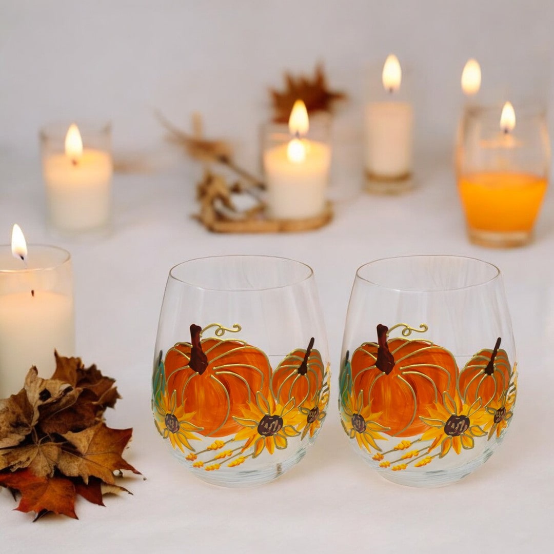 Painted Pumpkin Stemless Wine Glasses