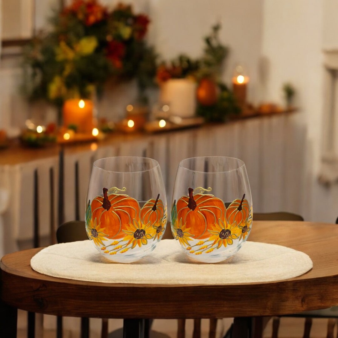 Painted Pumpkin Stemless Wine Glasses