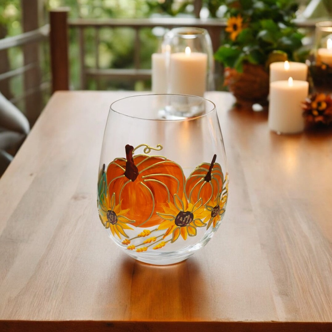 Painted Pumpkin Stemless Wine Glasses