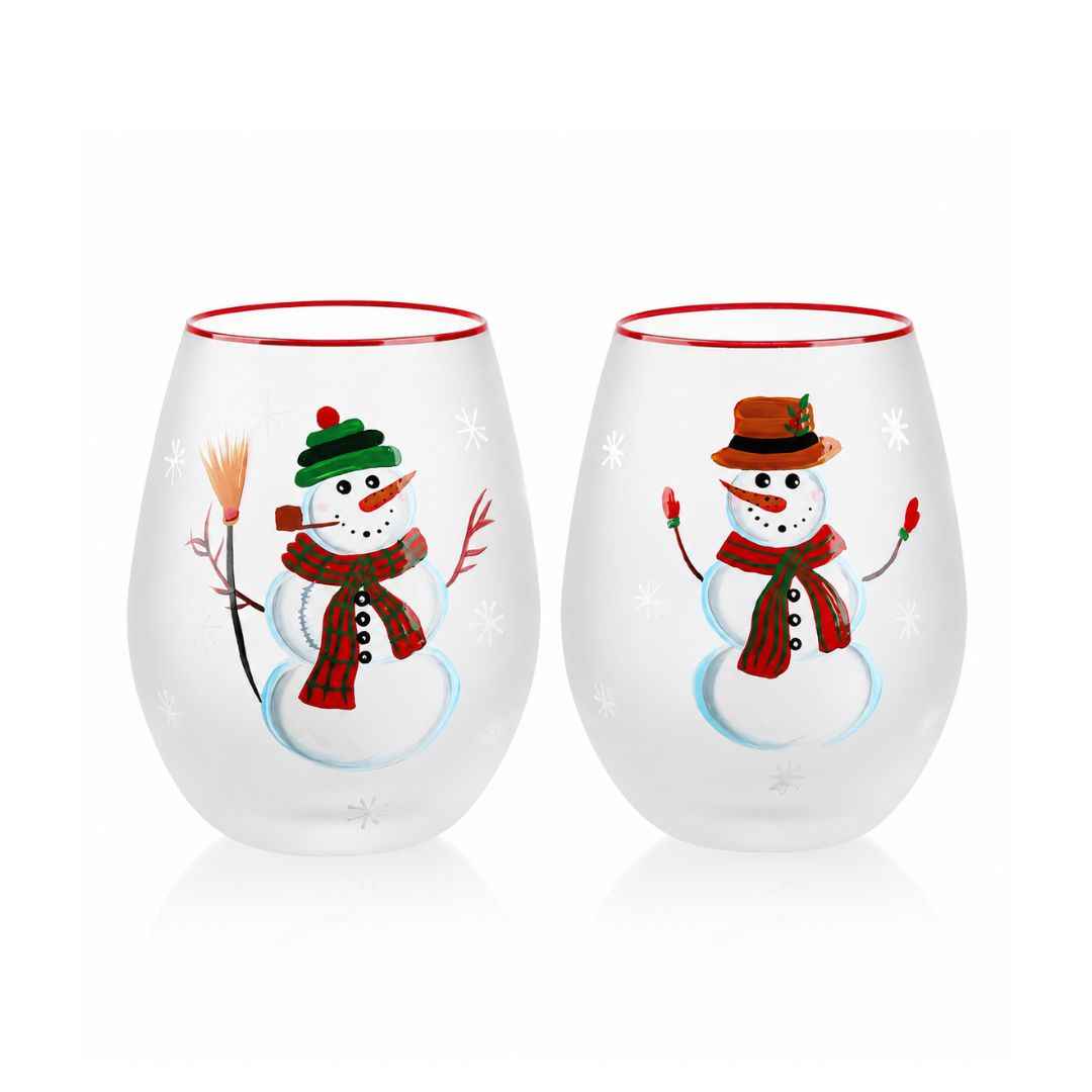 Frosted Snowman Stemless Wine Glasses