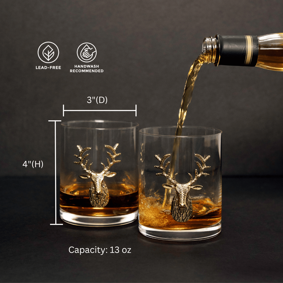 stag glass set, deer whiskey glasses, gold deer head with glasses, gold stag head whiskey glass set, home bar glassware, home bar glassware set, Whiskey gift set