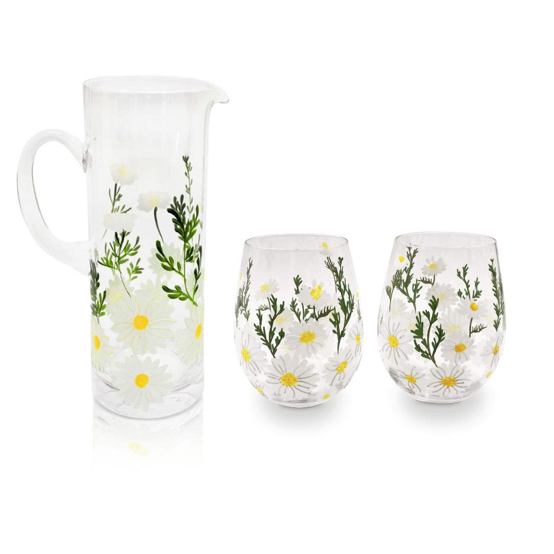 Daisy Pitcher & Stemless Wine Glass Bundle