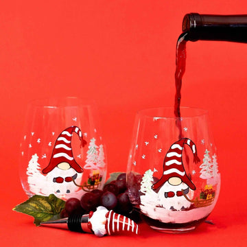 Gnome Wine Glasses (Set of 2) | Painted Wine Glass | Christmas Wine Glasses | Winter Gnome | Gnome Gifts | Christmas Gnome | Christmas Gifts