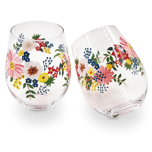 Floral Hand-Painted Stemless Wine Glasses Set of 2